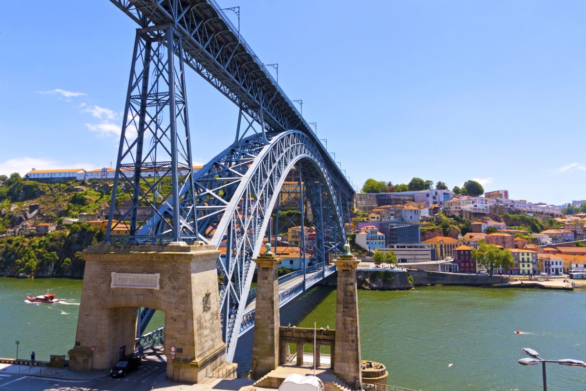 View of Dom Luis I Bridge (Ponte Luis I) and Duoro river in Porto city, Portugal. Famous travel destination