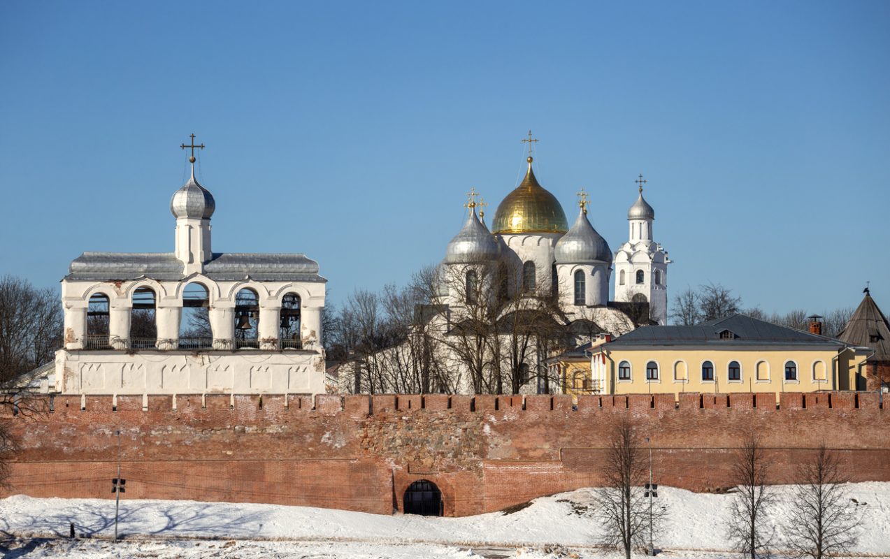 Veliky Novgorod Kremlin in winter. Belfry and domes of the Cathedral of St. Sophia on the fortress wall