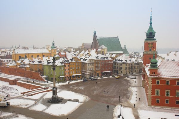 colorful old town square in winter, Warsaw, Poland