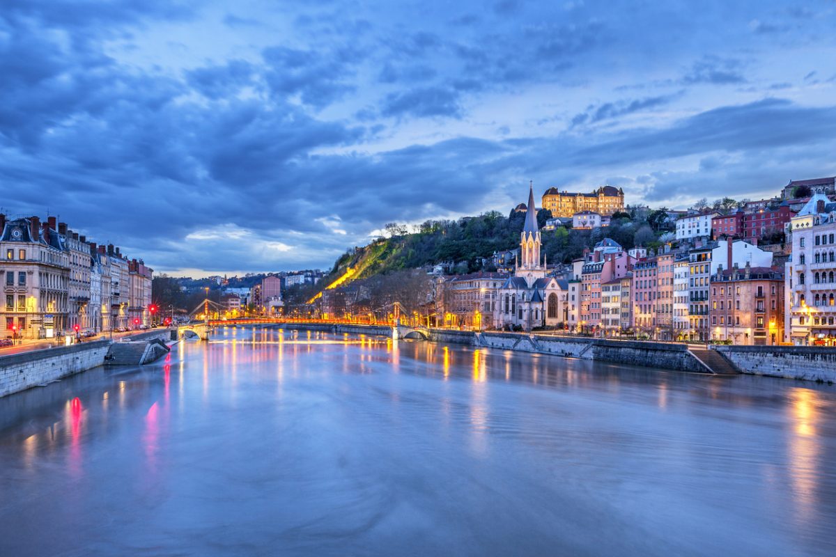 The Saone river in Lyon city at evening, France