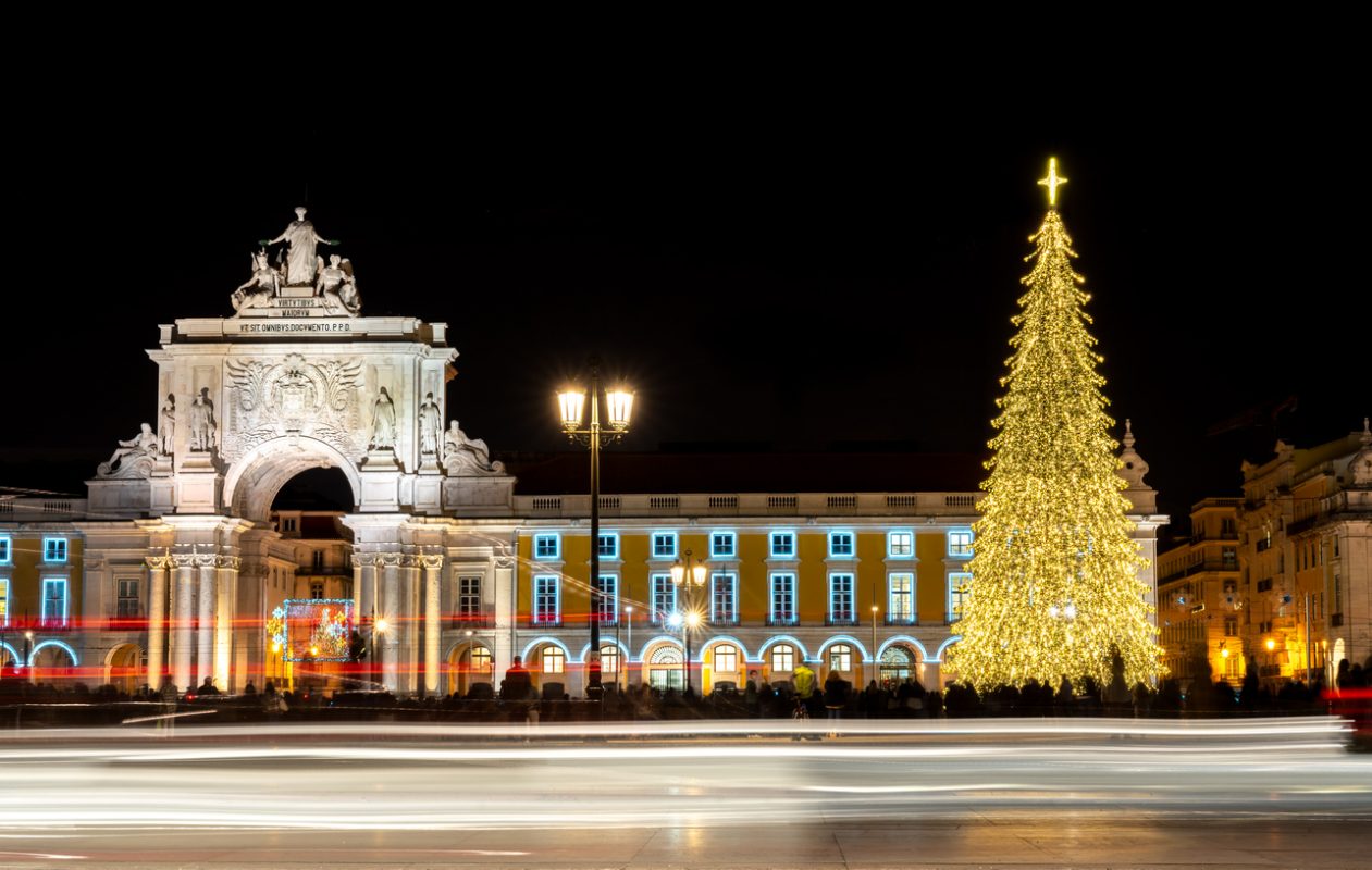 Praça do Comércio in Lisbon, illuminated with decoration and Christmas tree 2021