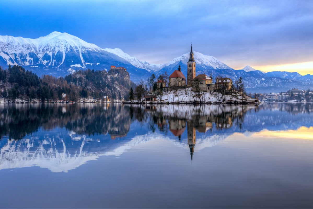 Amazing sunrise at the lake Bled in winter, Slovenia, EuropeAmazing sunrise at the lake Bled in winter, Slovenia, Europe