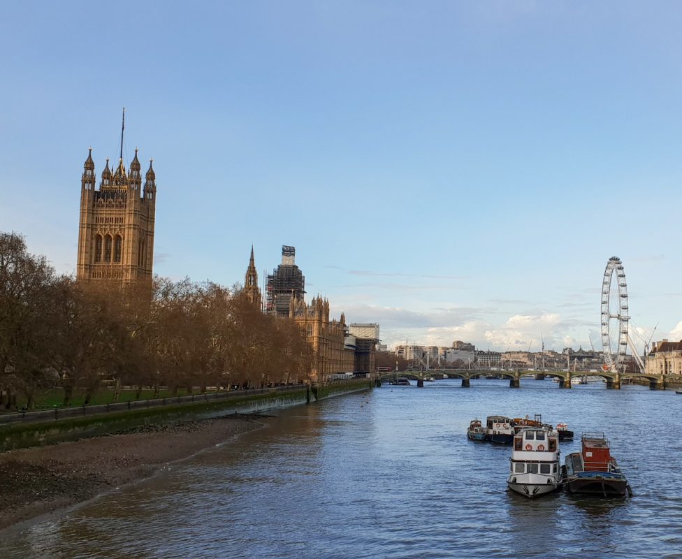 A view of the River Thames on a winter's day. The London Eye is in the background.