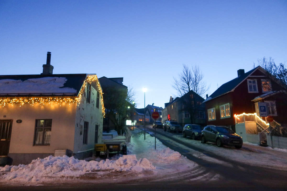 Snowy street corner of Reykjavik in winter