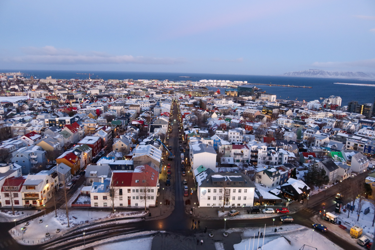 Birds eye view of the buildings of Reykjavik, Iceland's capital, from the top of Hallgrimskirkja