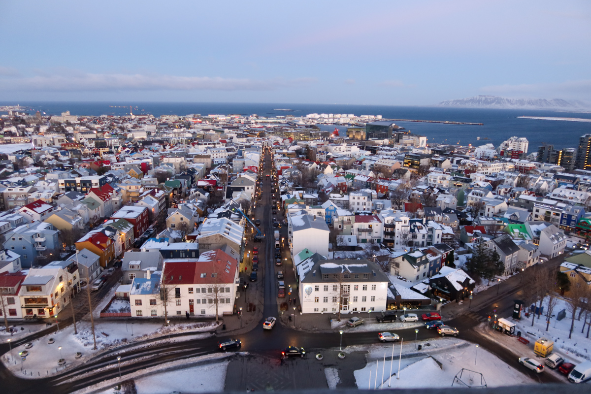 View of the buildings of Reykjavik spanning from the top of Hallgrimskirkja in Reykjavik, Iceland