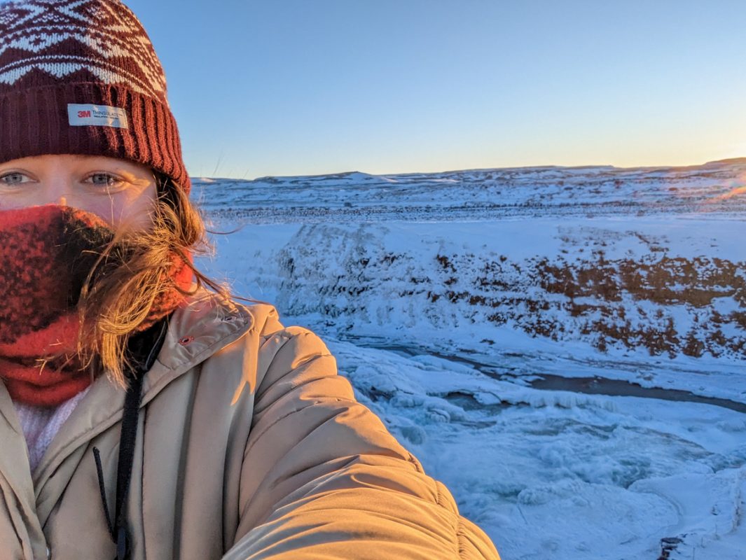 Selfie with the landscape of Gullfoss Falls in the background