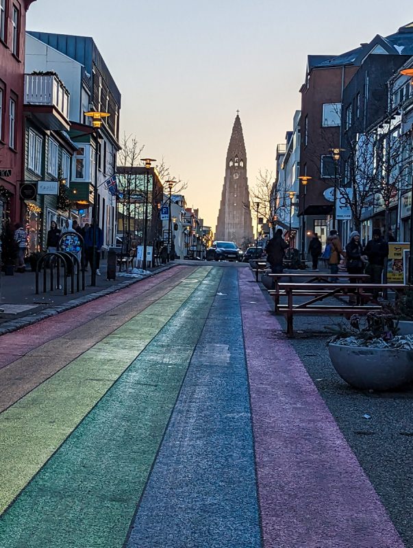 The rainbow street in Reykjavik, a city centre location lined with shops and cafes.