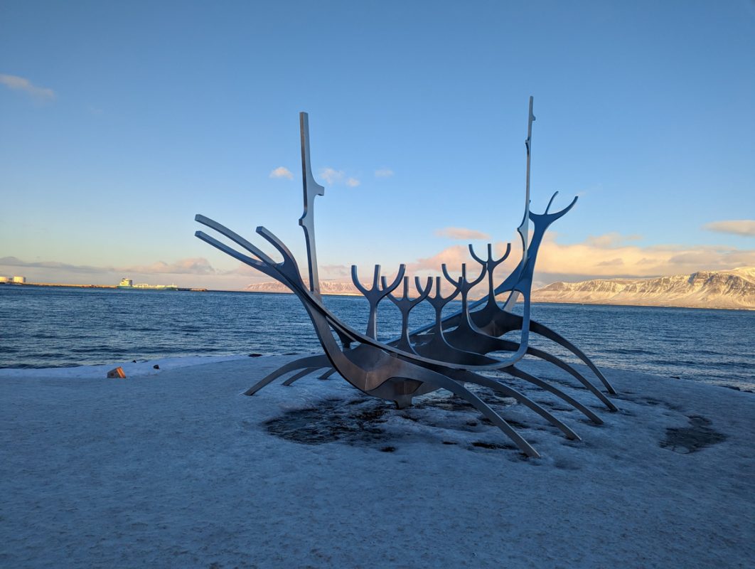 The Sea Voyager sculpture on the Reykjavik coastline. It looks like a viking ship but is actually a monument to the sun.