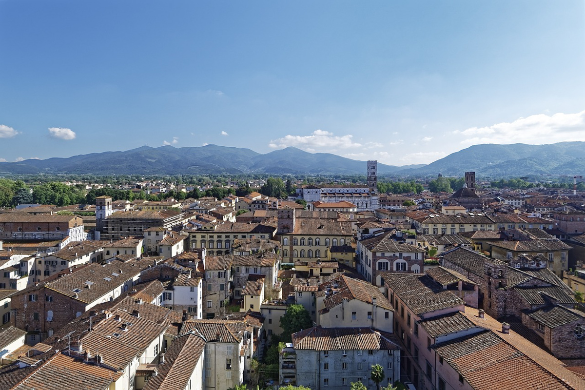 A birds eye view of Lucca, a historic city in Tuscany Italy