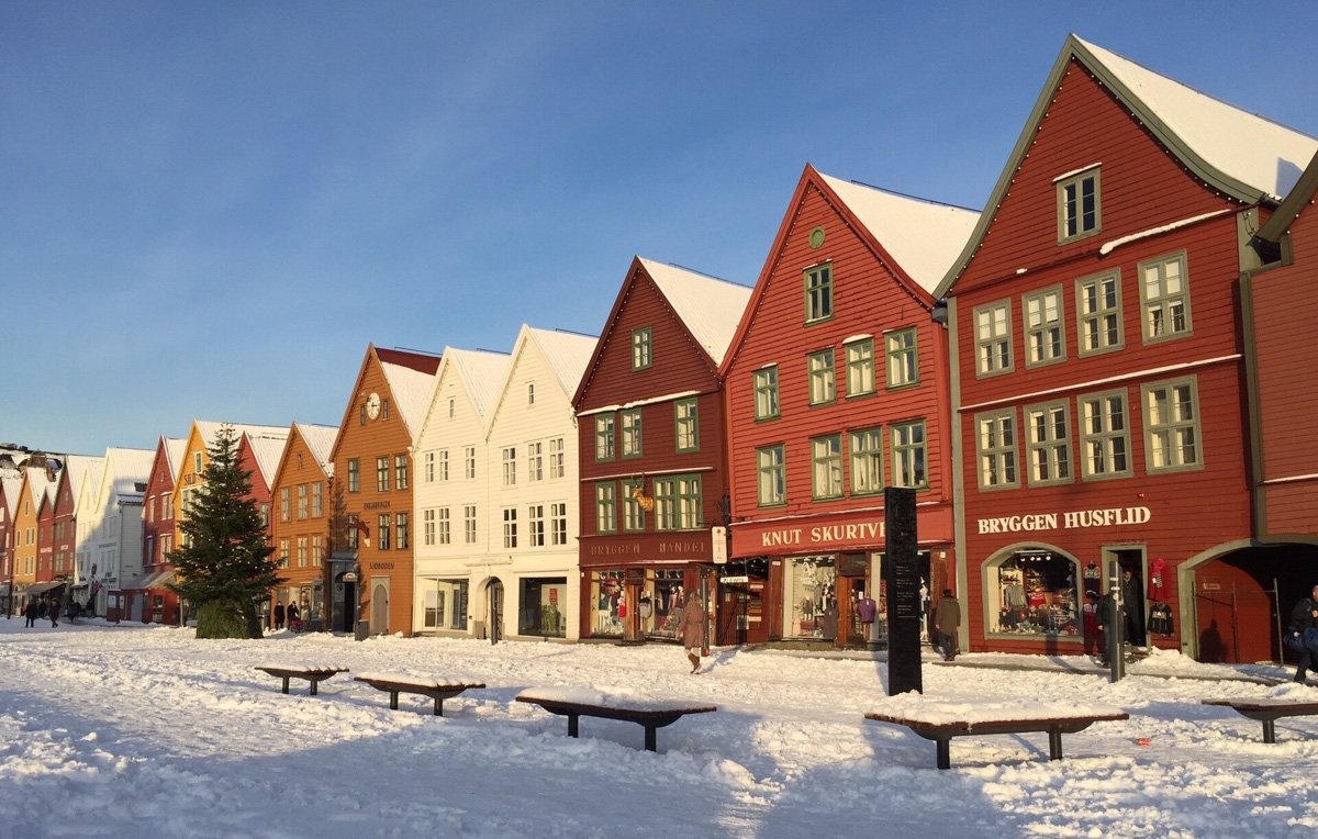 Snowy streets in Bergen in winter