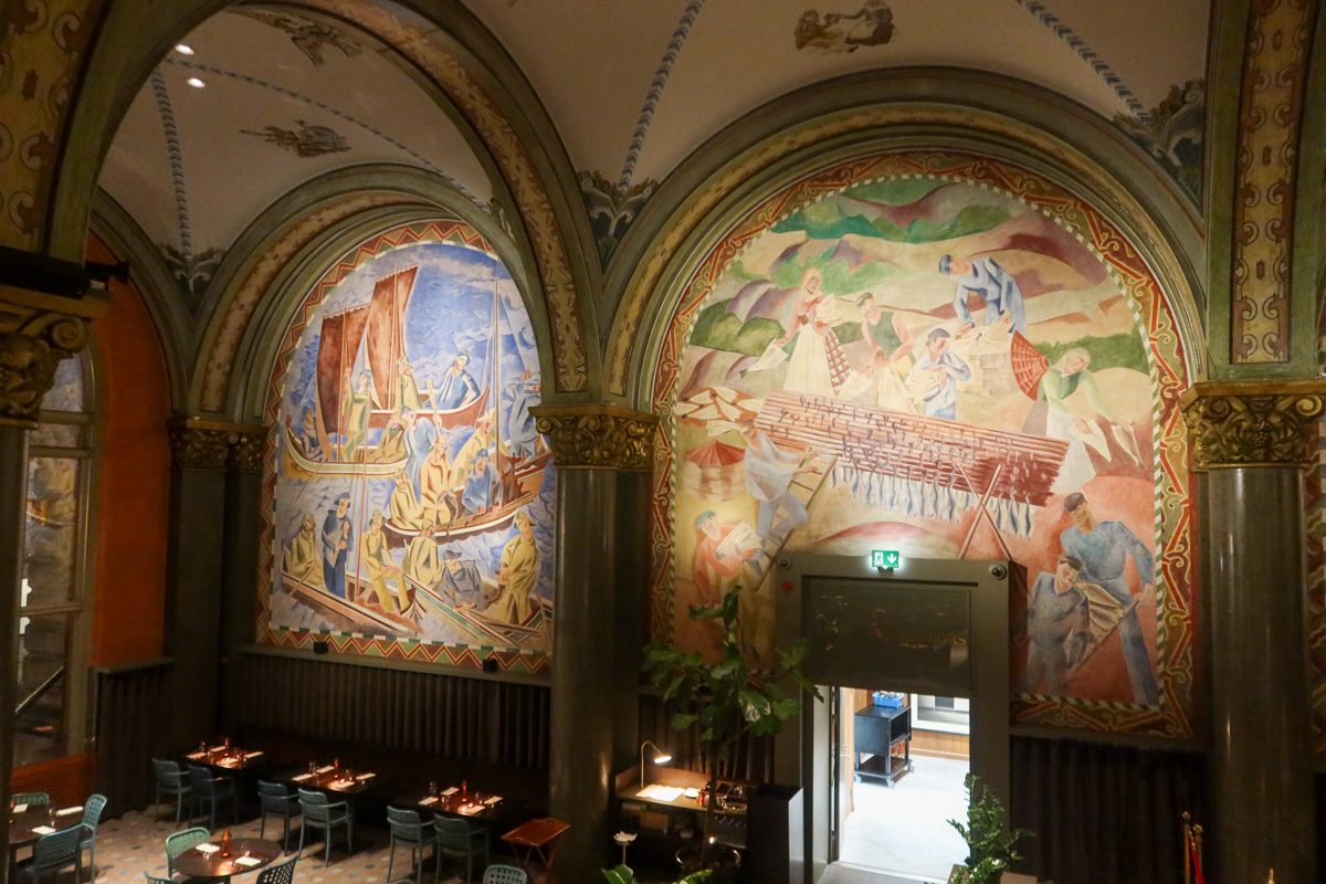 Frescohallen bar in Bergen, a bar which has murals depicting the city's importance around the seafood industry.