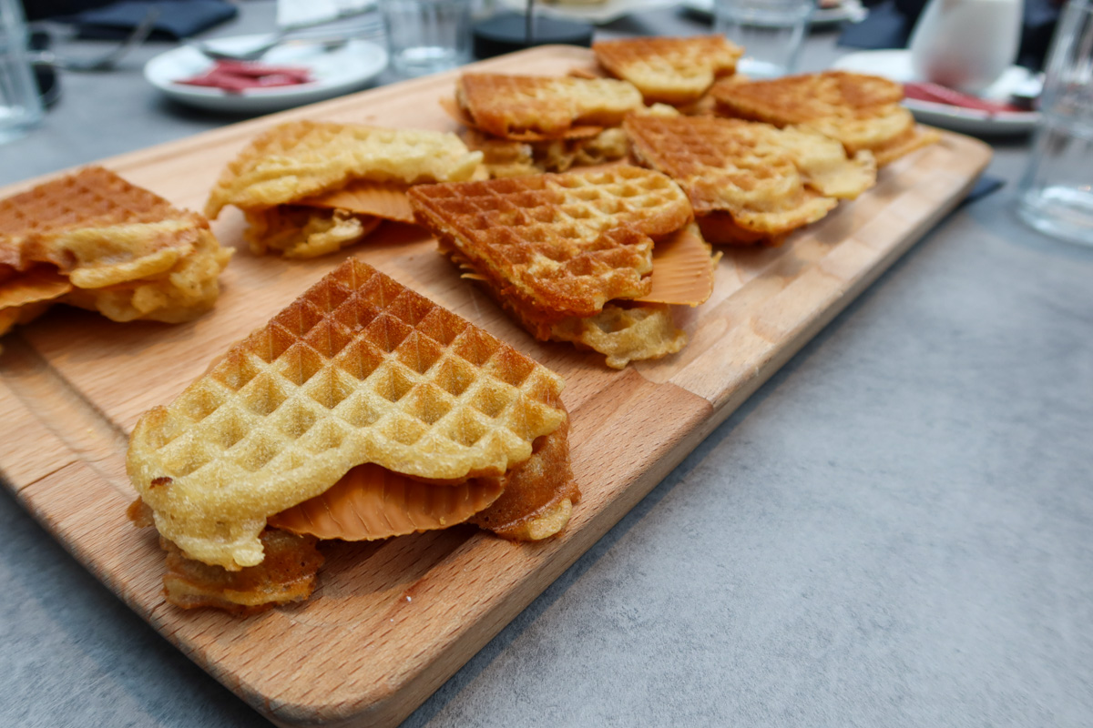Norwegian heart-shaped waffles with brown cheese sandwiched inside. 