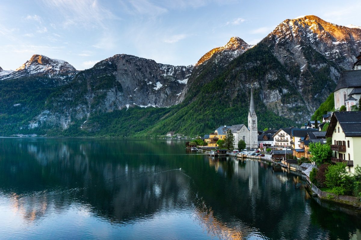 Hallstat, a charming town in Austria with a lake, mountains and a church