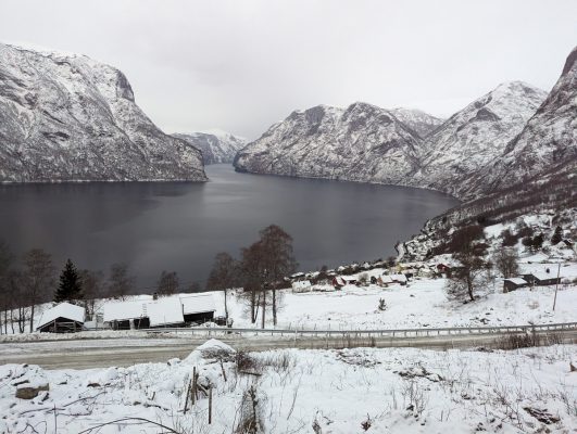 View of the snowy Norway fjords
