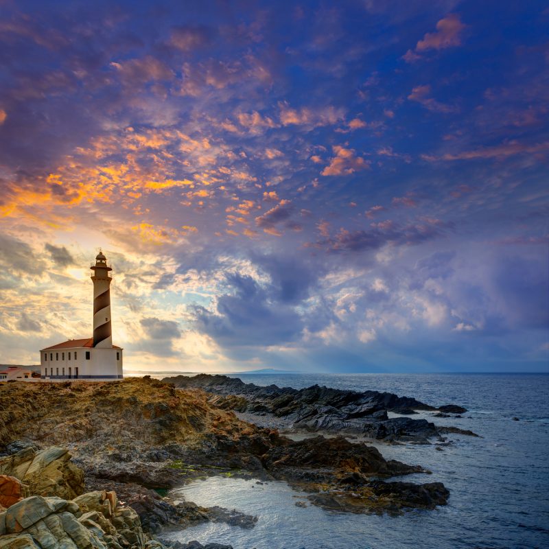 Cap de Favaritx sunset lighthouse cape in Mahon at Balearic Islands of Spain