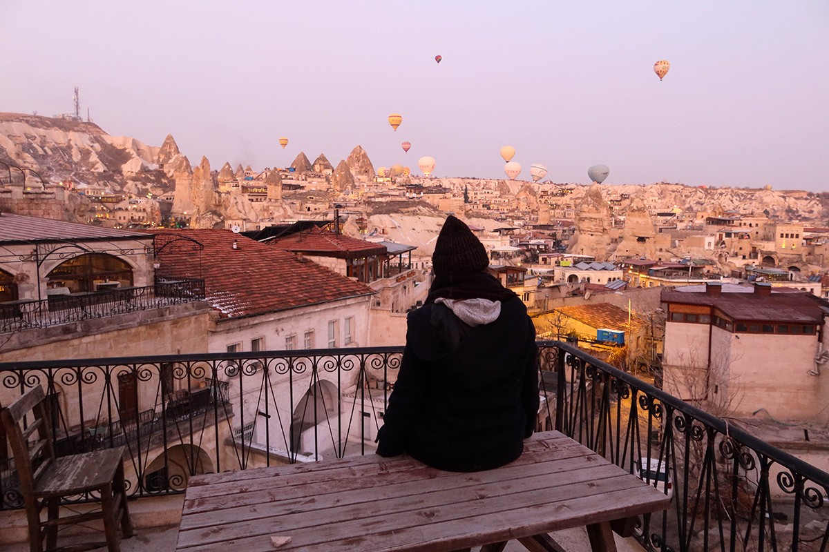 Claire overlooking snowy Cappadocia