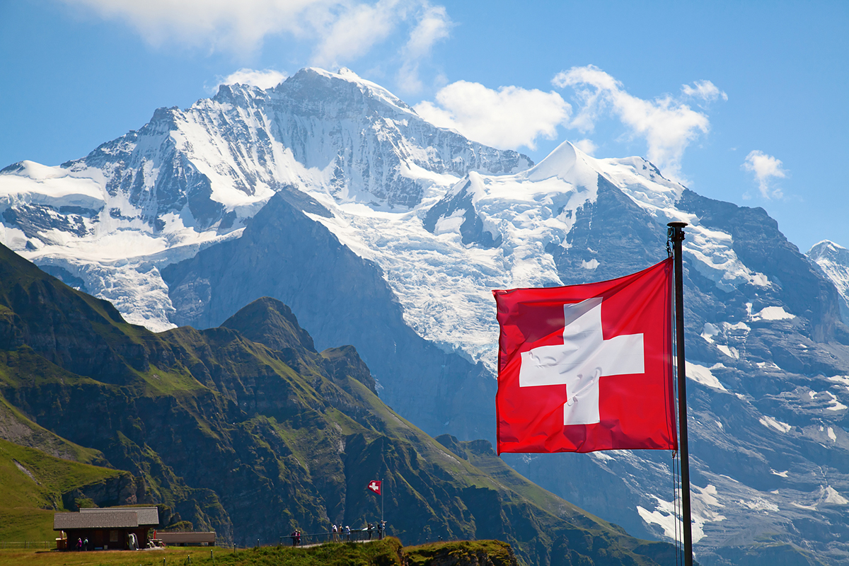 Swiss flag on the top of Mannlichen (Jungfrau region, Bern, Switzerland)