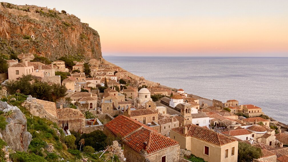 Sun setting on Monemvasia, with the sea in the background. 