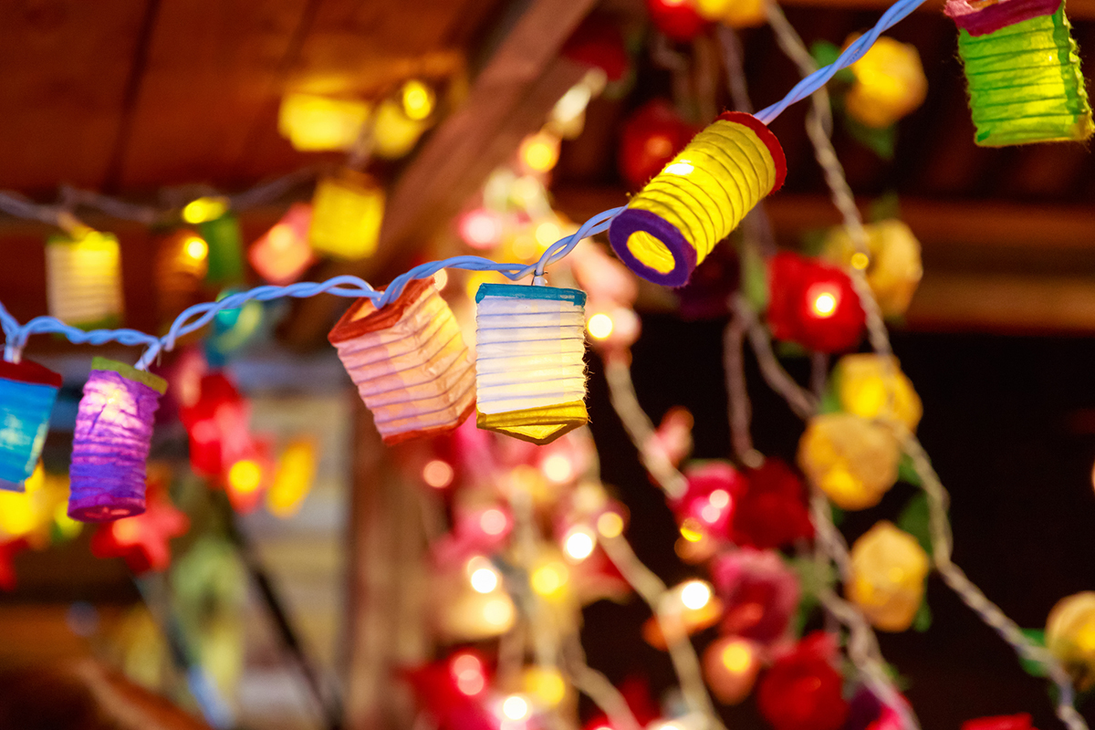 Decorative fairy lights on display at Southbank Centre winter market in London