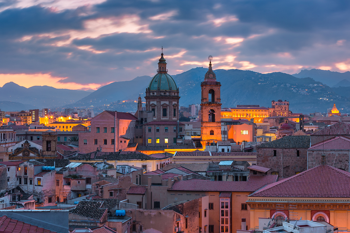 Aerial view of Palermo with Church of the Gesu at sunset, Sicily, Italy