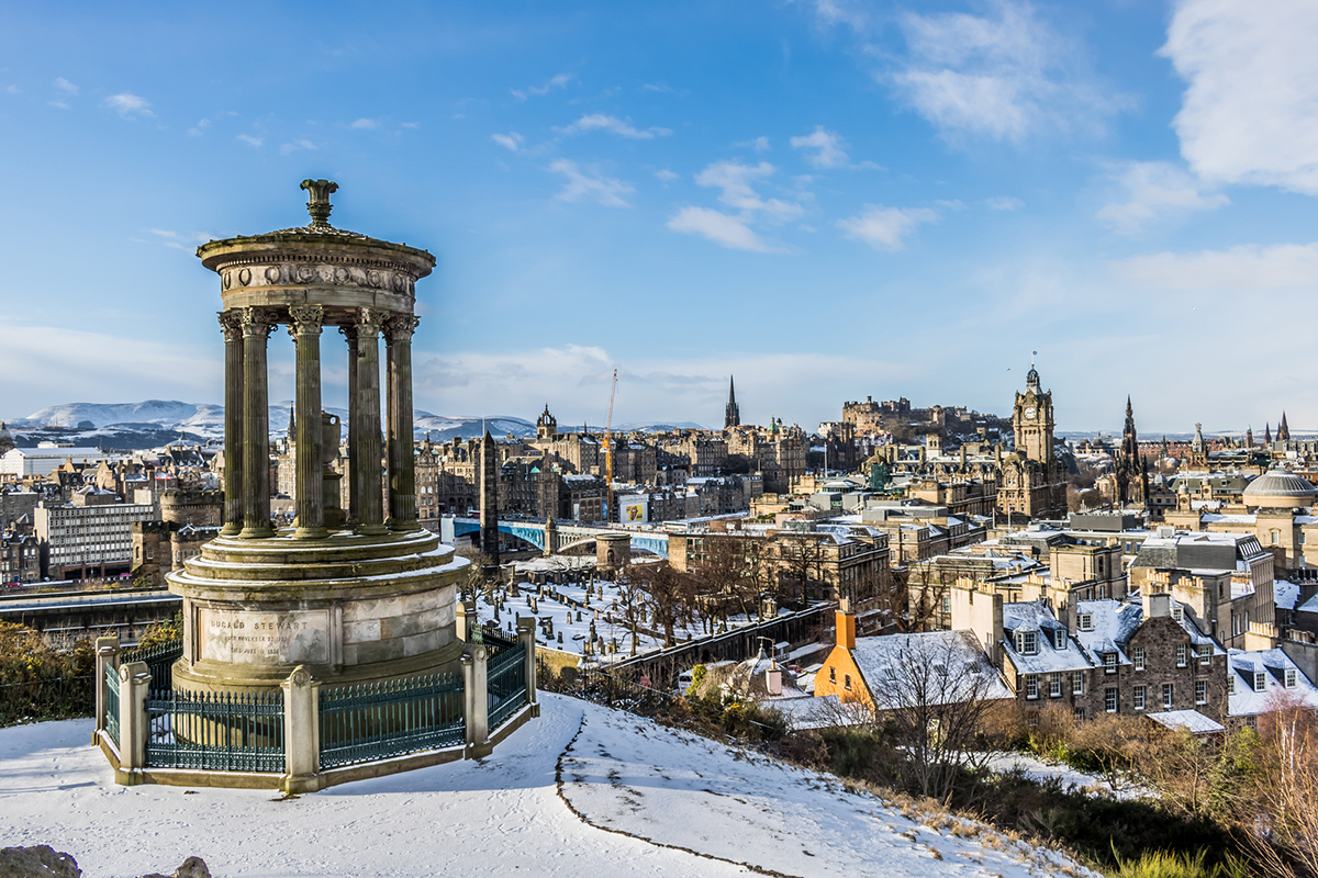 View from Calton Hill of Edinburgh covered in snow