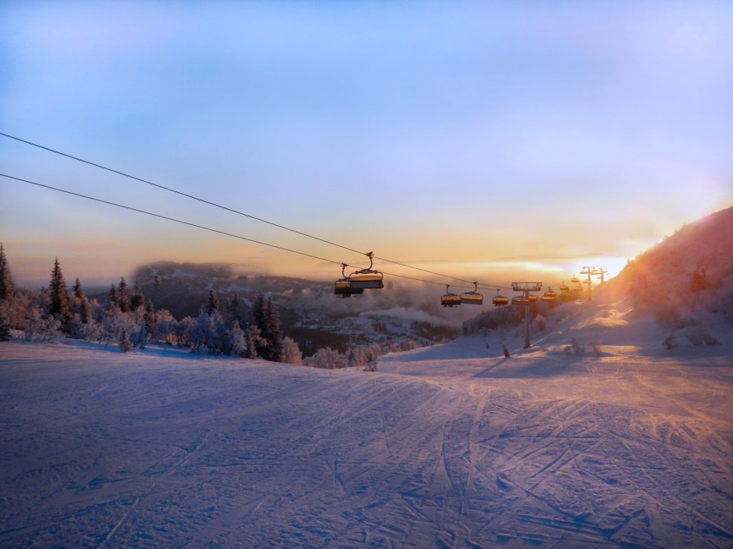 Sunset overlooking the ski slope and cable car.