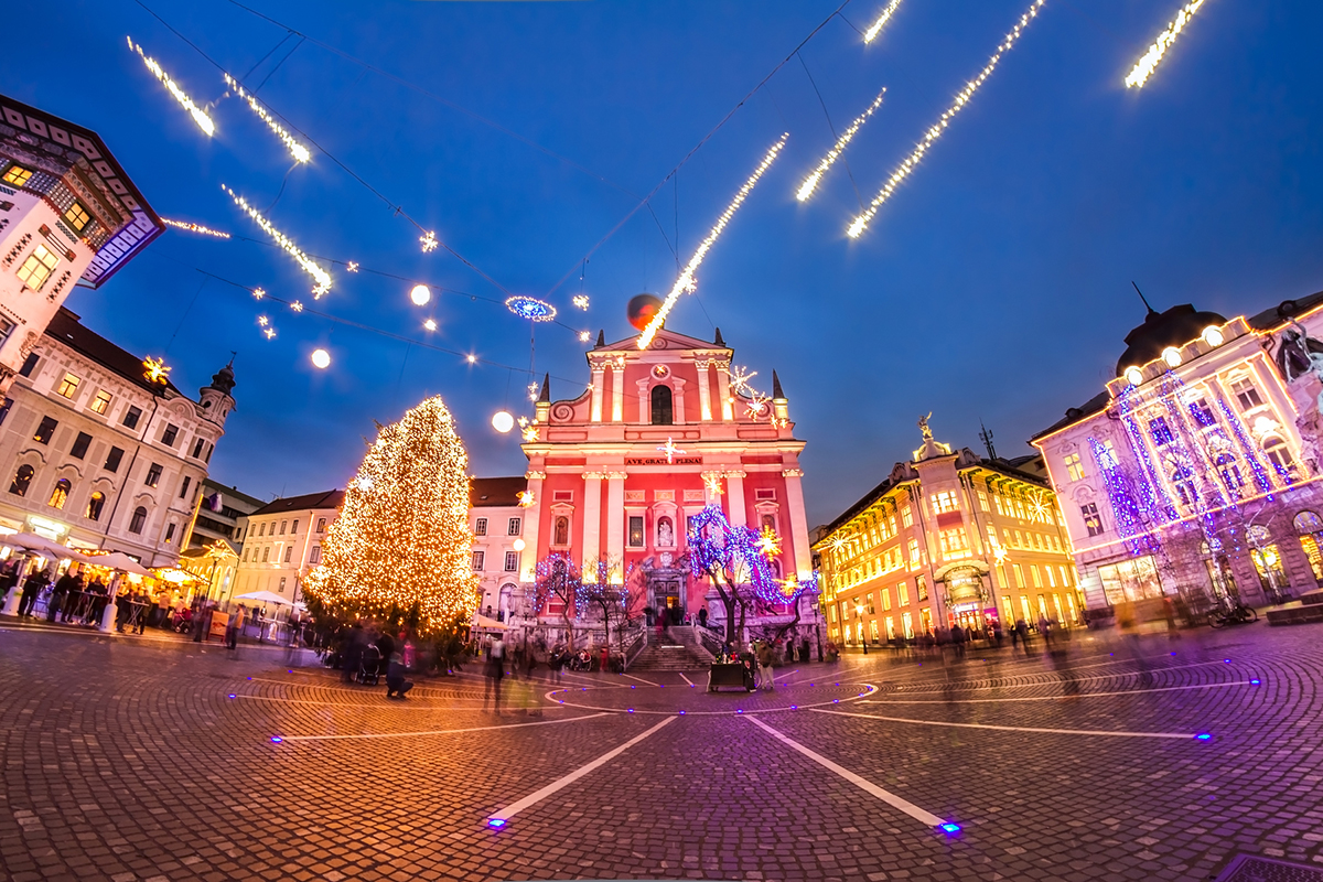 Romantic Ljubljana's city center decorated for Christmas fairytale. Preseren's square, Ljubljana, Slovenia, Europe.