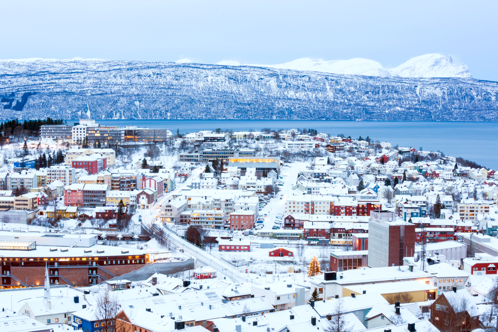 Aerial view of Narvik Cityscape at dusk Norway