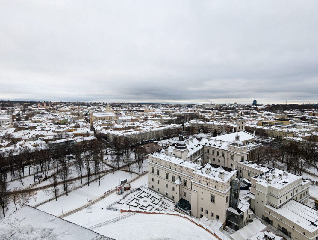View of Vilnius with snow covered cityscape