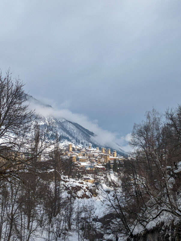 A scenic view of Mestia, Georgia, with a hillside village, traditional towers, and homes seen through bare tree branches against a cloudy sky